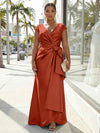 V-Neck Satin Short Sleeves Plus Size Formal Dresses with Bow