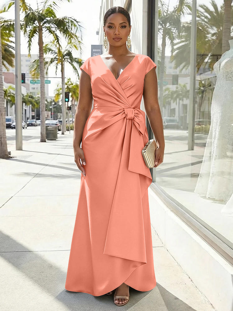 V-Neck Satin Short Sleeves Plus Size Formal Dresses with Bow