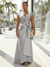 V-Neck Satin Short Sleeves Plus Size Formal Dresses with Bow