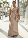 V-Neck Satin Short Sleeves Plus Size Formal Dresses with Bow
