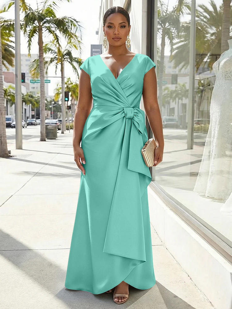 V-Neck Satin Short Sleeves Plus Size Formal Dresses with Bow