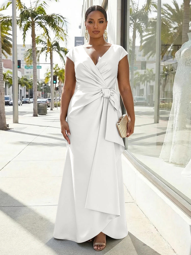 V-Neck Satin Short Sleeves Plus Size Formal Dresses with Bow