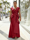 V-Neck Satin Short Sleeves Plus Size Formal Dresses with Bow