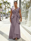 V-Neck Satin Short Sleeves Plus Size Formal Dresses with Bow