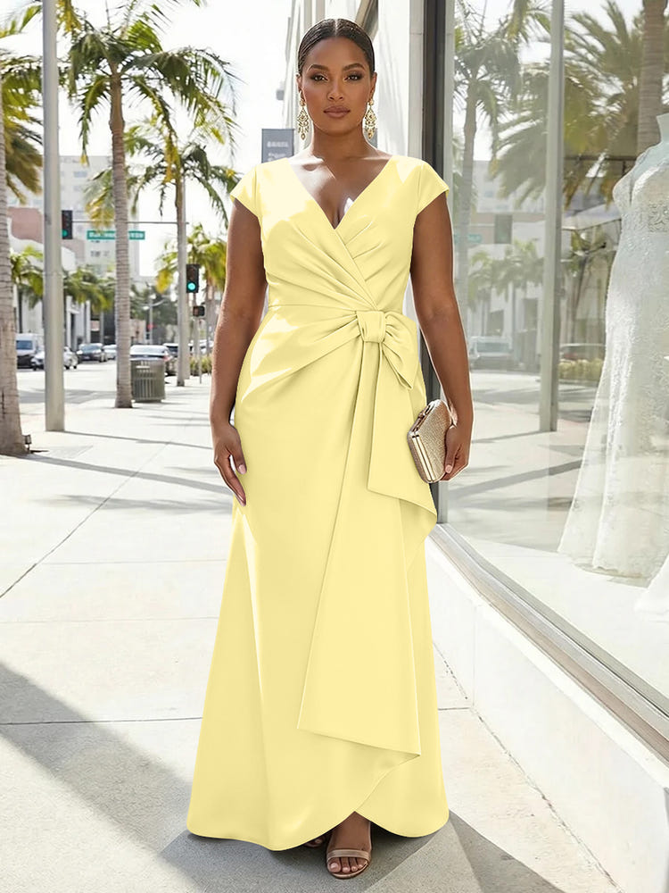 V-Neck Satin Short Sleeves Plus Size Formal Dresses with Bow