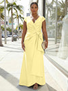 V-Neck Satin Short Sleeves Plus Size Formal Dresses with Bow