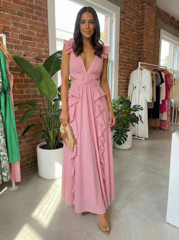 V-Neck Chiffon A-Line Formal Dresses with Ruffles