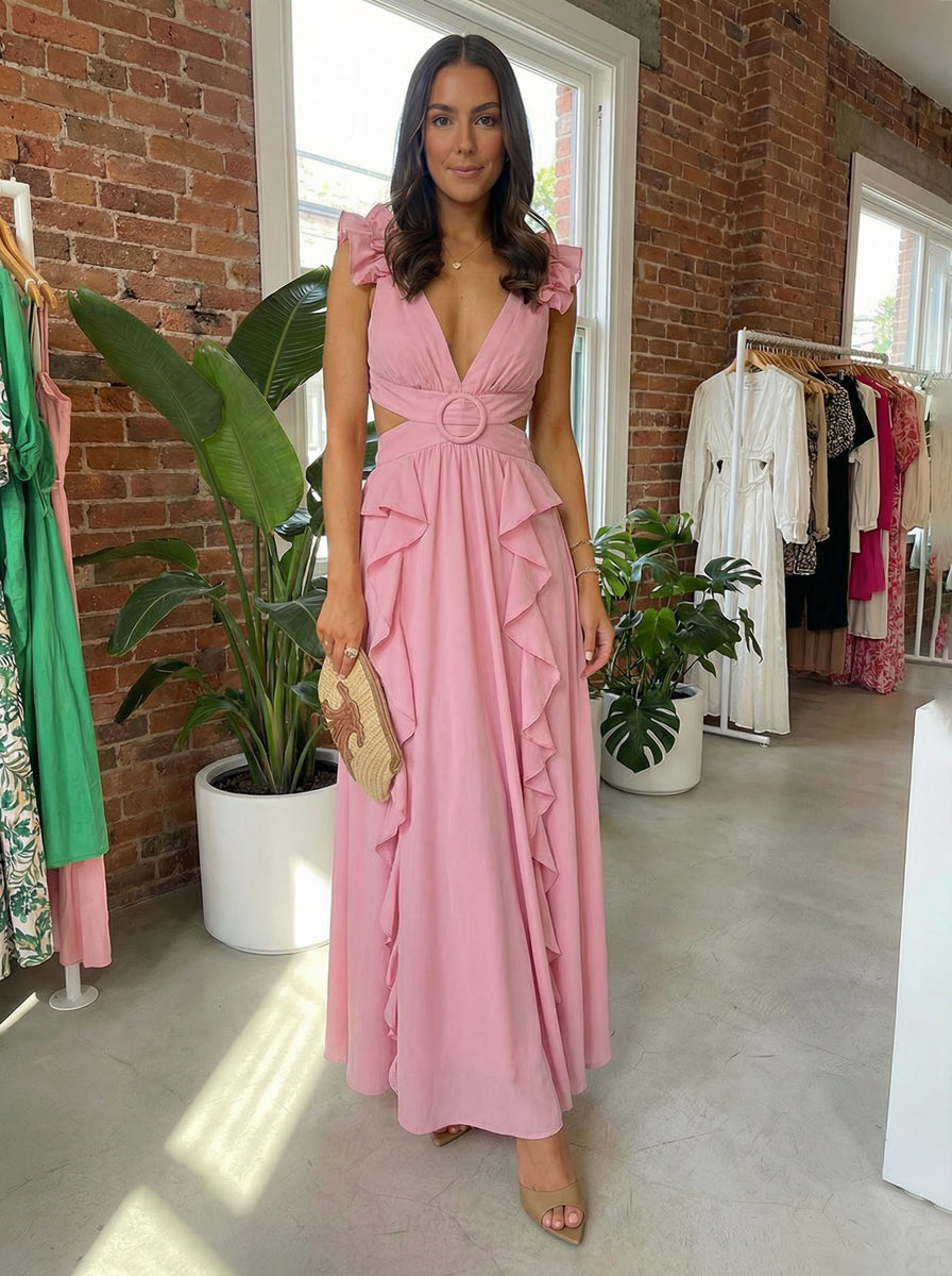 V-Neck Chiffon A-Line Formal Dresses with Ruffles