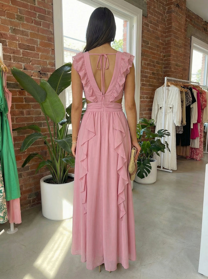 V-Neck Chiffon A-Line Formal Dresses with Ruffles