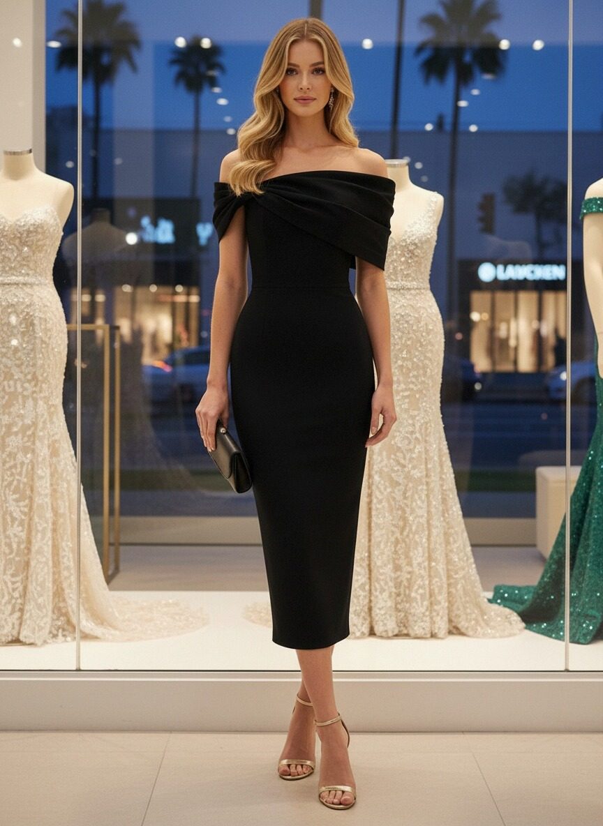 Off-the-Shoulder Satin Ankle Length Formal Dresses with Bow