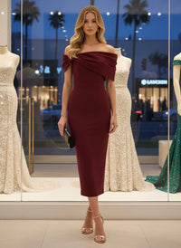 Off-the-Shoulder Satin Ankle Length Formal Dresses with Bow