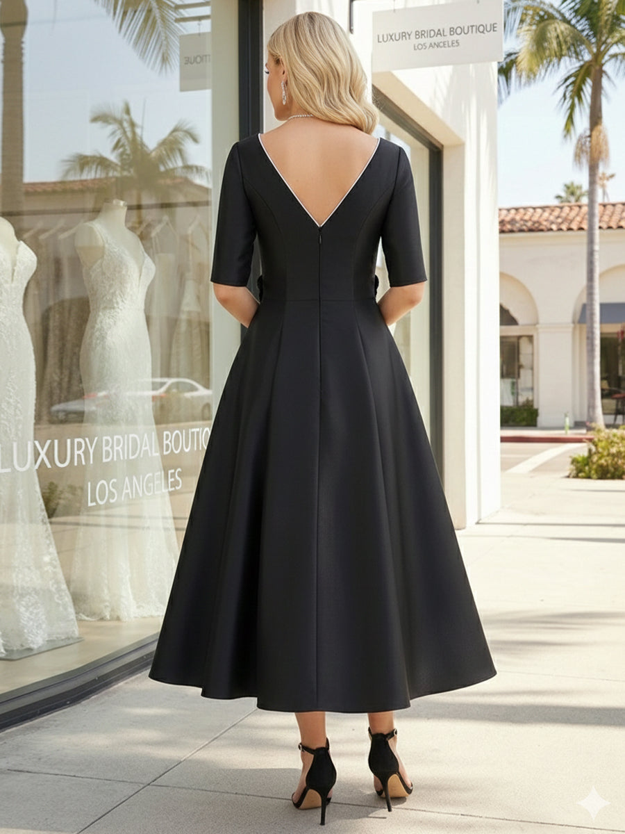V-Neck Satin A-Line Formal Dresses with Sleeves