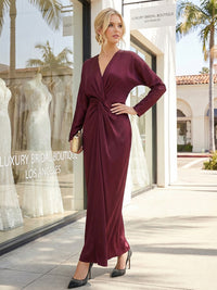 V Neck Long Sleeves Satin Formal Dresses with Twist