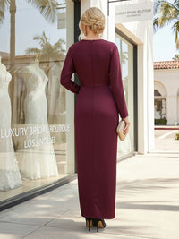 V Neck Long Sleeves Satin Formal Dresses with Twist