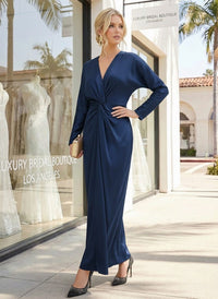 V Neck Long Sleeves Satin Formal Dresses with Twist