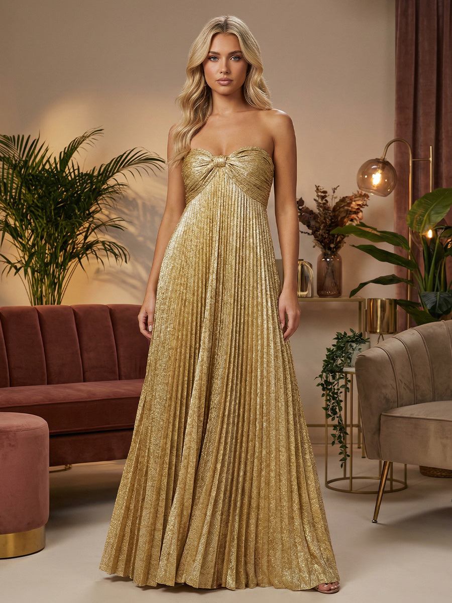 Metallic Satin A-Line Strapless Pleated Formal Dresses