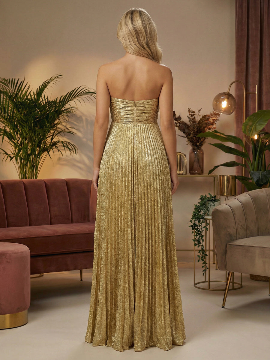 Metallic Satin A-Line Strapless Pleated Formal Dresses