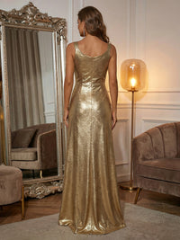 Metallic Satin A-Line Cowl Neck Pleated Formal Dresses
