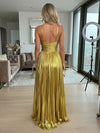 Metallic Satin A-Line Spaghetti Straps Pleated Formal Dresses