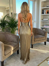 Metallic Satin Sheath Halter Pleated Evening Dresses