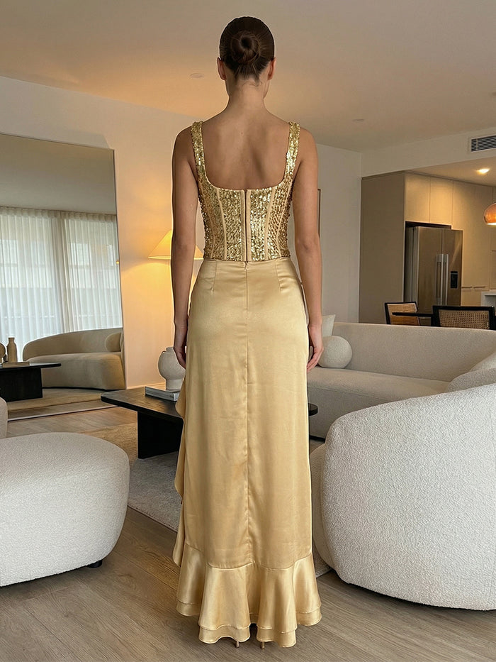 Satin High Low Square Neck Sequin Formal Dresses