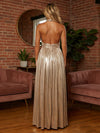 Metallic Satin A-Line Halter Pleated Evening Dresses