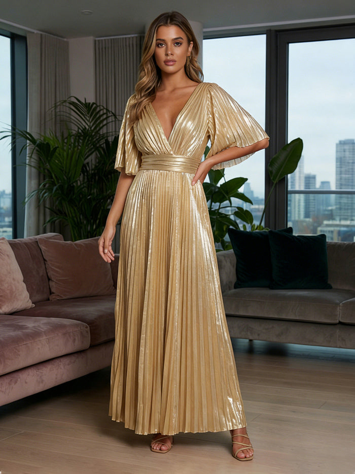 Metallic Foil Chiffon A-Line V-Neck Pleated Formal Dresses