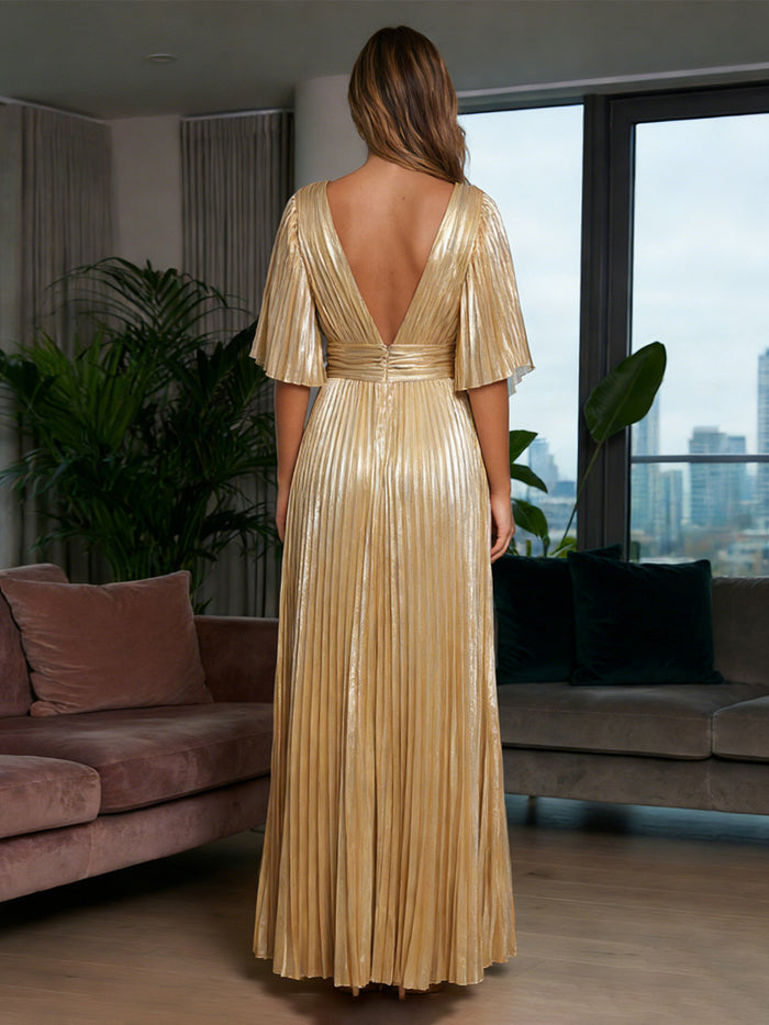 Metallic Foil Chiffon A-Line V-Neck Pleated Formal Dresses