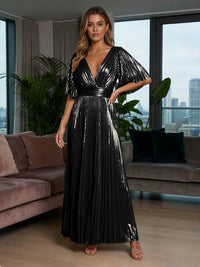 Metallic Foil Chiffon A-Line V-Neck Pleated Formal Dresses