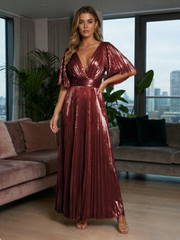 Metallic Foil Chiffon A-Line V-Neck Pleated Formal Dresses