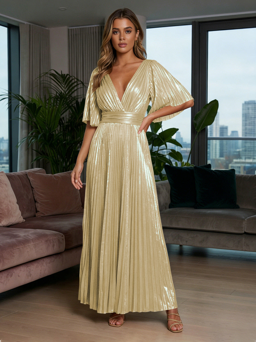 Metallic Foil Chiffon A-Line V-Neck Pleated Formal Dresses