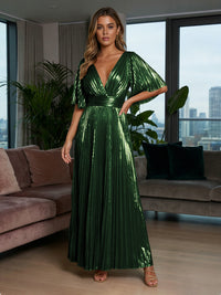 Metallic Foil Chiffon A-Line V-Neck Pleated Formal Dresses