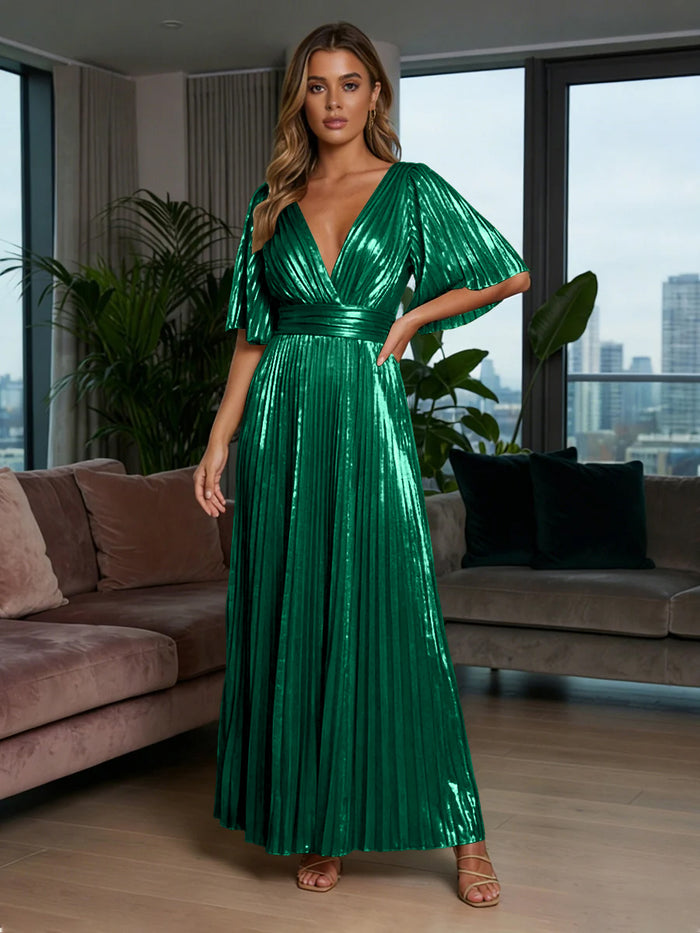 Metallic Foil Chiffon A-Line V-Neck Pleated Formal Dresses