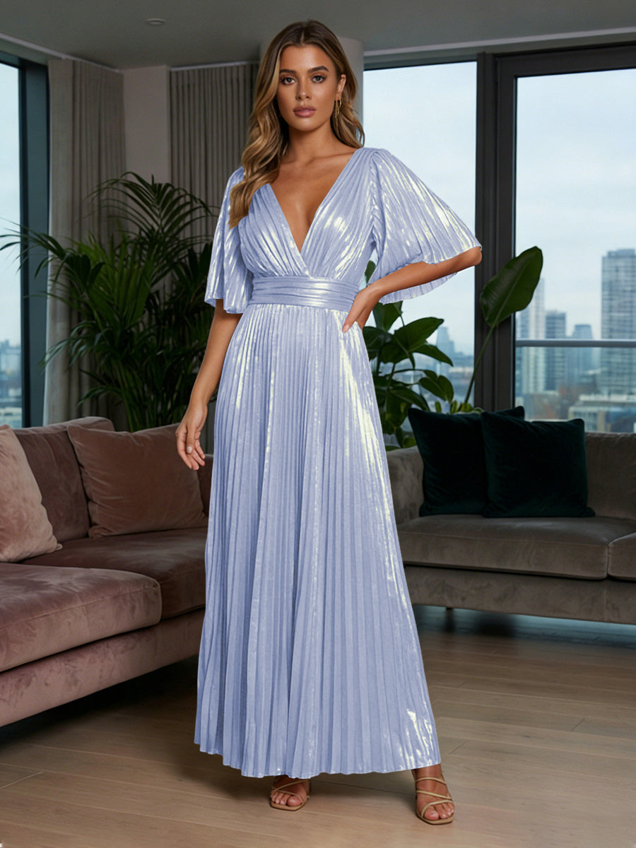 Metallic Foil Chiffon A-Line V-Neck Pleated Formal Dresses