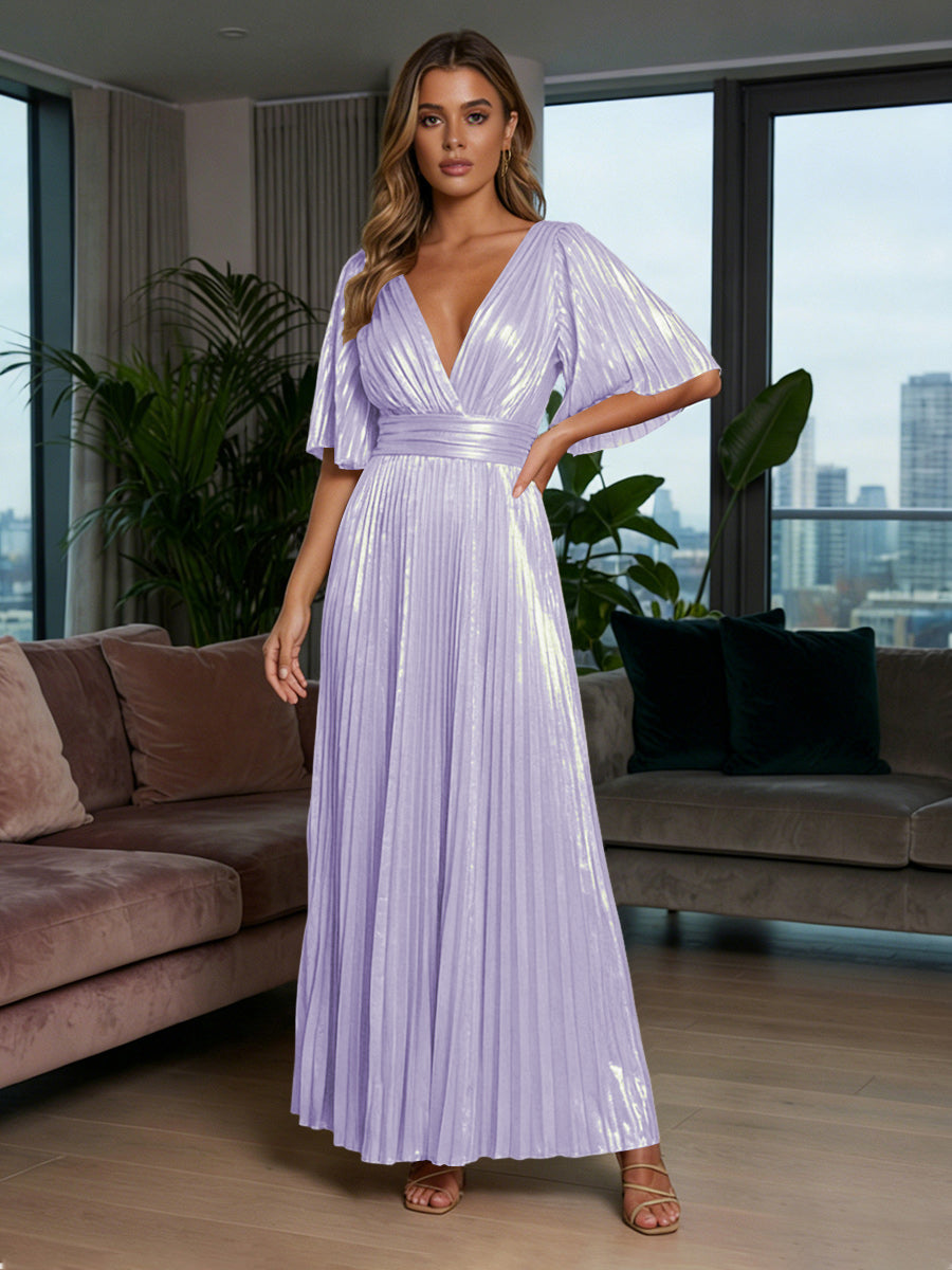 Metallic Foil Chiffon A-Line V-Neck Pleated Formal Dresses