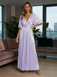Metallic Foil Chiffon A-Line V-Neck Pleated Formal Dresses