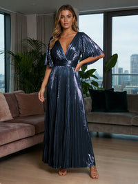 Metallic Foil Chiffon A-Line V-Neck Pleated Formal Dresses