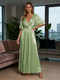 Metallic Foil Chiffon A-Line V-Neck Pleated Formal Dresses