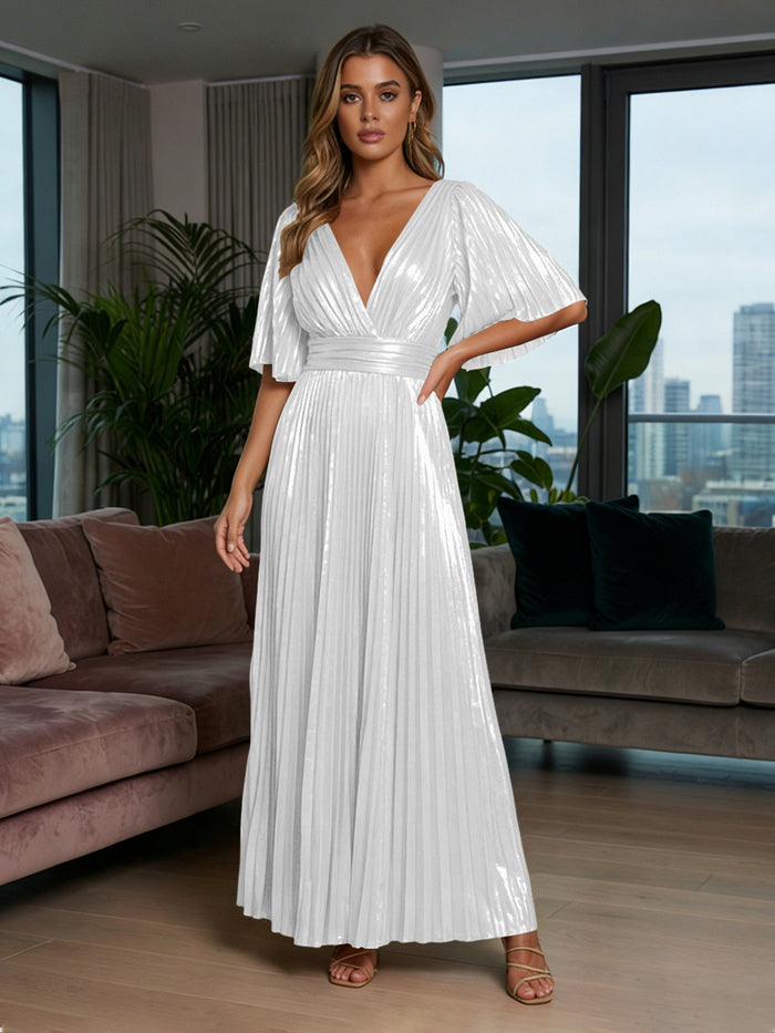 Metallic Foil Chiffon A-Line V-Neck Pleated Formal Dresses