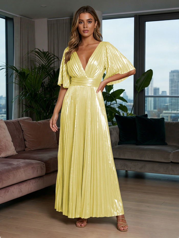 Metallic Foil Chiffon A-Line V-Neck Pleated Formal Dresses