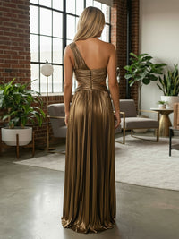 Metallic Satin A-Line One Shoulder Pleated Formal Dresses