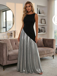 Metallic Satin A-Line Crew Neck Patchwork Formal Dresses