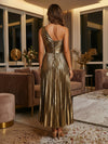 Metallic Satin A-Line One Shoulder Pleated Formal Dresses