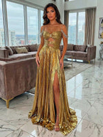 Metallic Satin A-Line Spaghetti Straps Pleated Evening Dresses with Slit