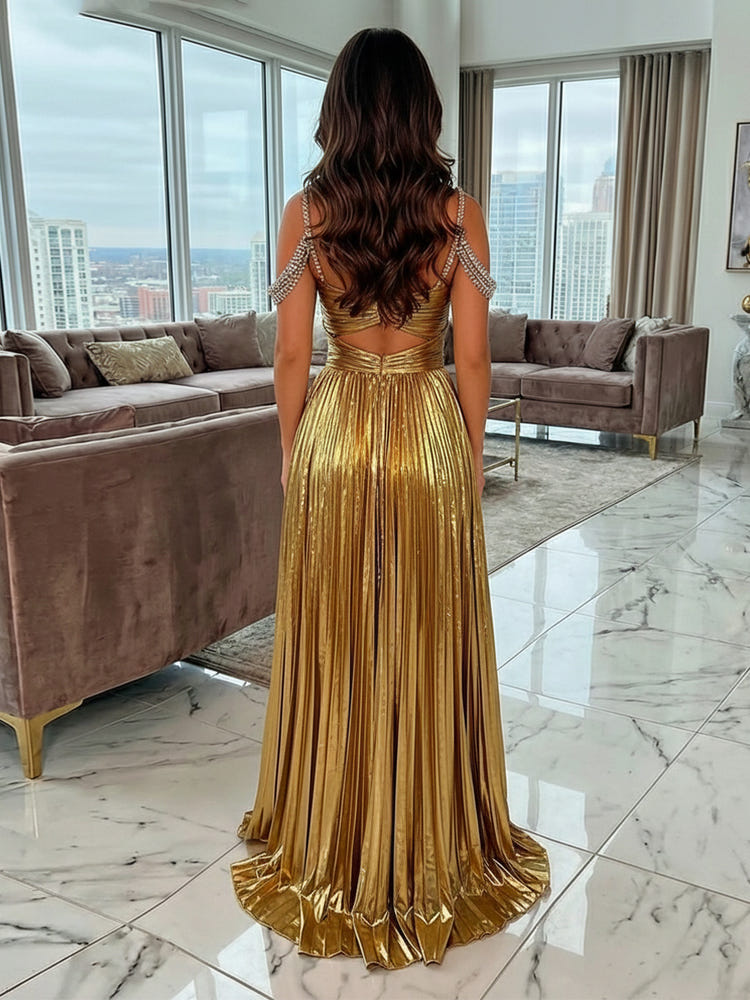 Metallic Satin A-Line Spaghetti Straps Pleated Evening Dresses with Slit