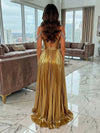 Metallic Satin A-Line Spaghetti Straps Pleated Evening Dresses with Slit