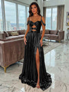 Metallic Satin A-Line Spaghetti Straps Pleated Evening Dresses with Slit