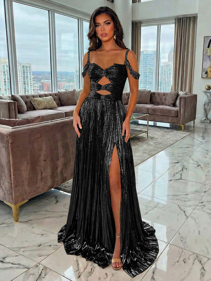 Metallic Satin A-Line Spaghetti Straps Pleated Evening Dresses with Slit