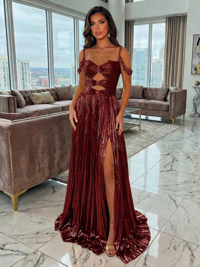 Metallic Satin A-Line Spaghetti Straps Pleated Evening Dresses with Slit
