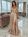 Metallic Satin A-Line Spaghetti Straps Pleated Evening Dresses with Slit